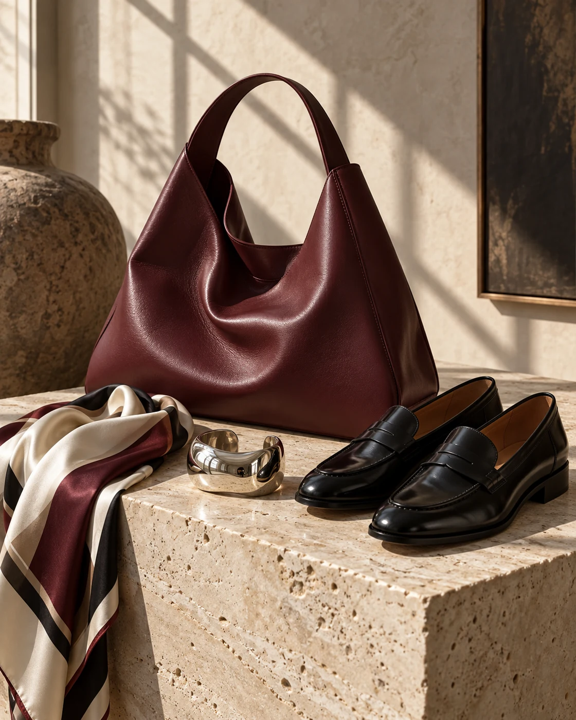 Burgundy leather bag, loafers and a silk scarf on travertine