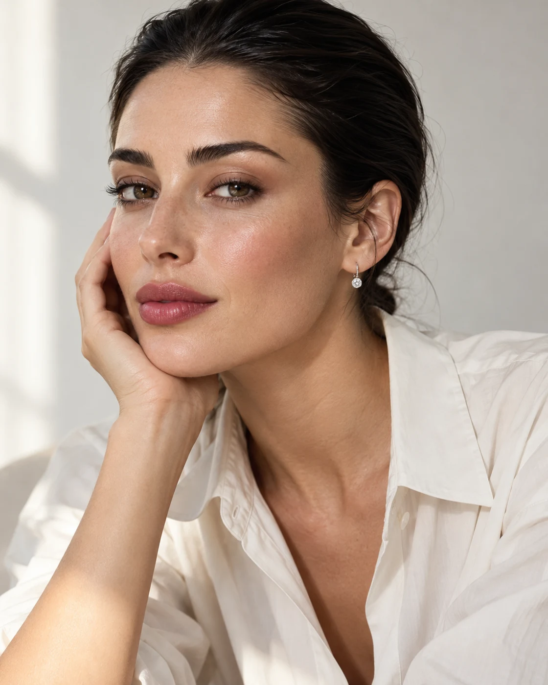 Natural beauty with a berry lip and silver earring
