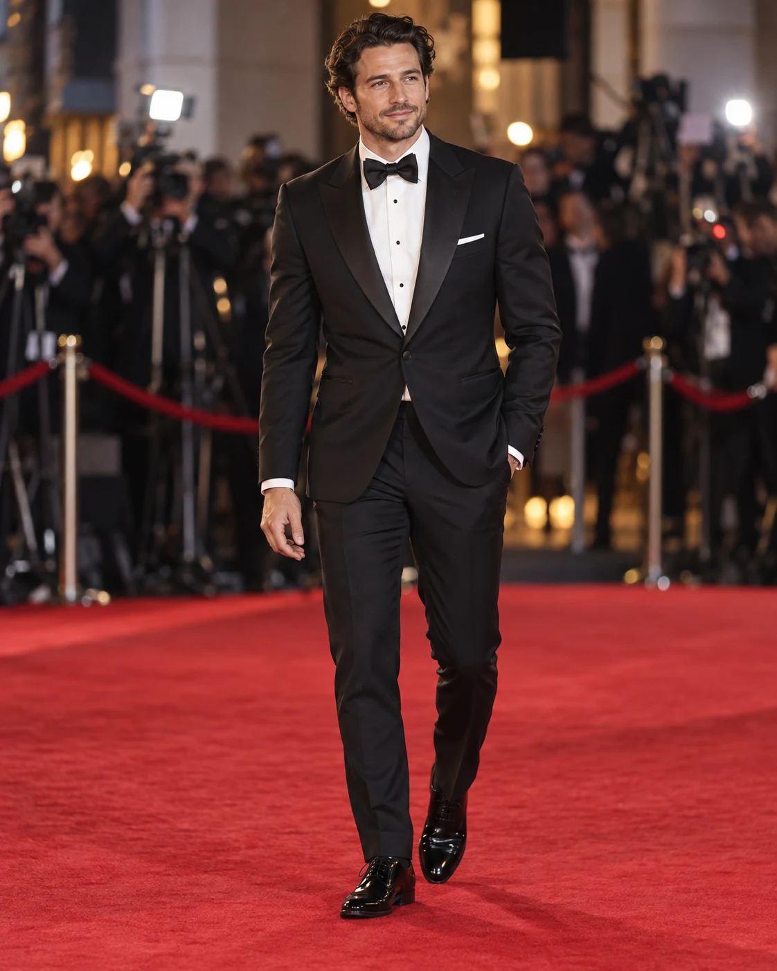 Man in a black tuxedo on a red carpet