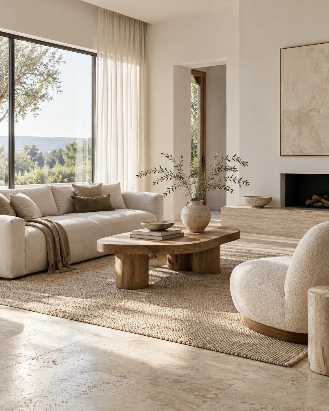 Bright living room with natural textures and ivory furniture