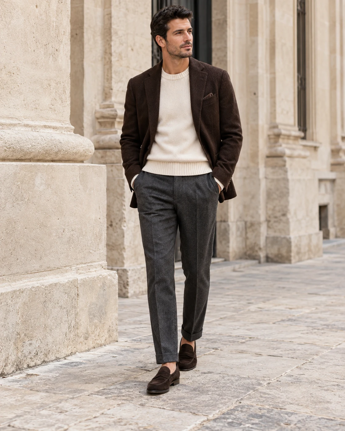Man in chocolate tailoring with a cream knit