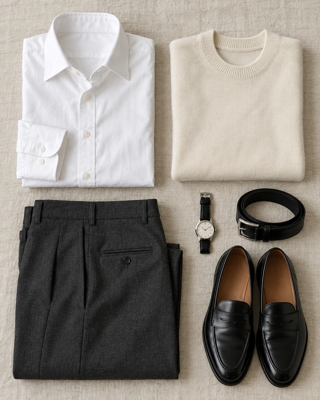 White shirt, knitwear and loafers arranged as a capsule outfit