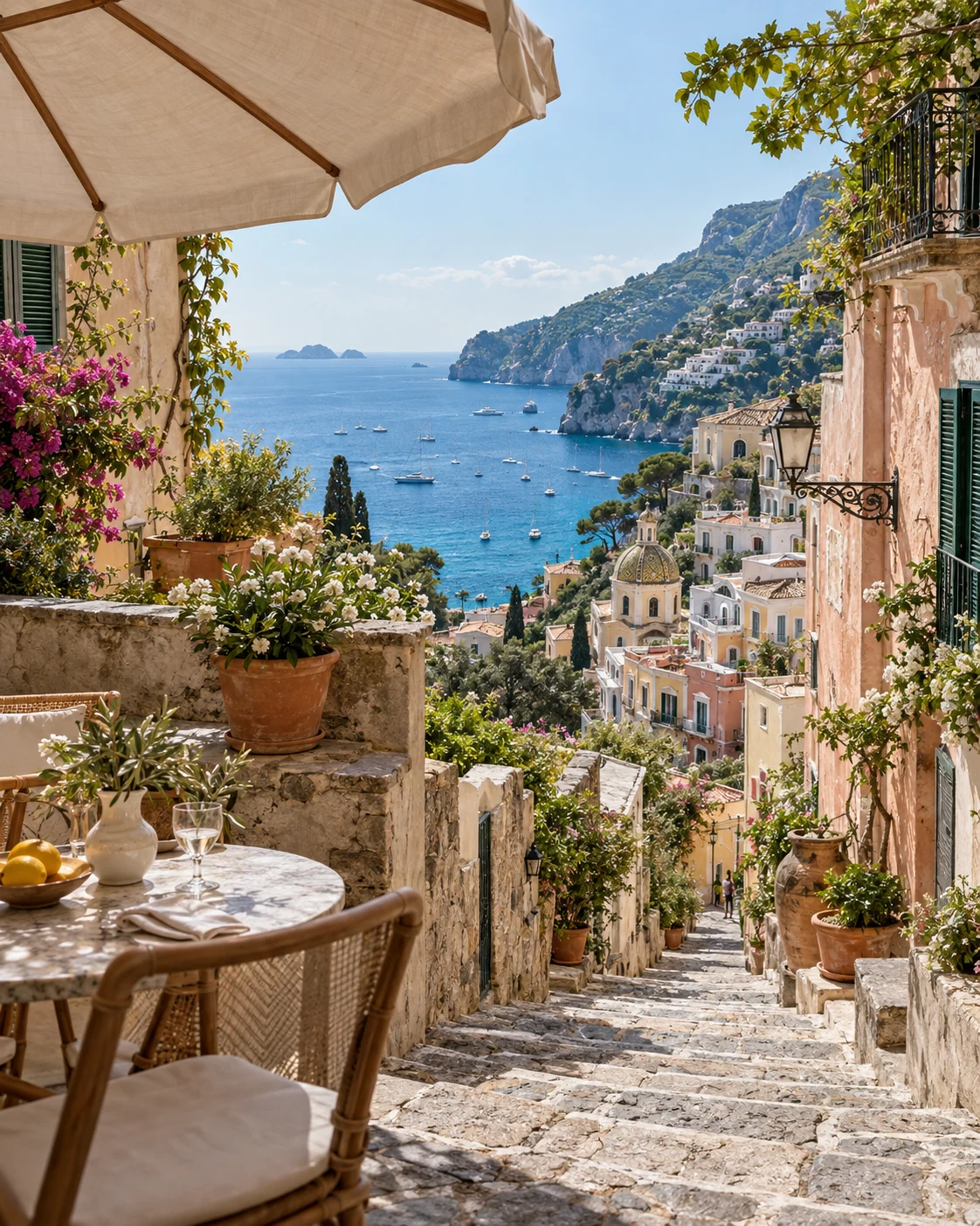 Sunlit terrace overlooking the coast