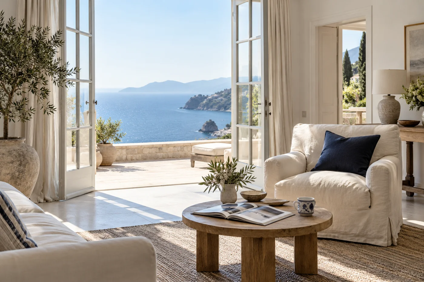 Bright sea-view living room with a stone coffee table