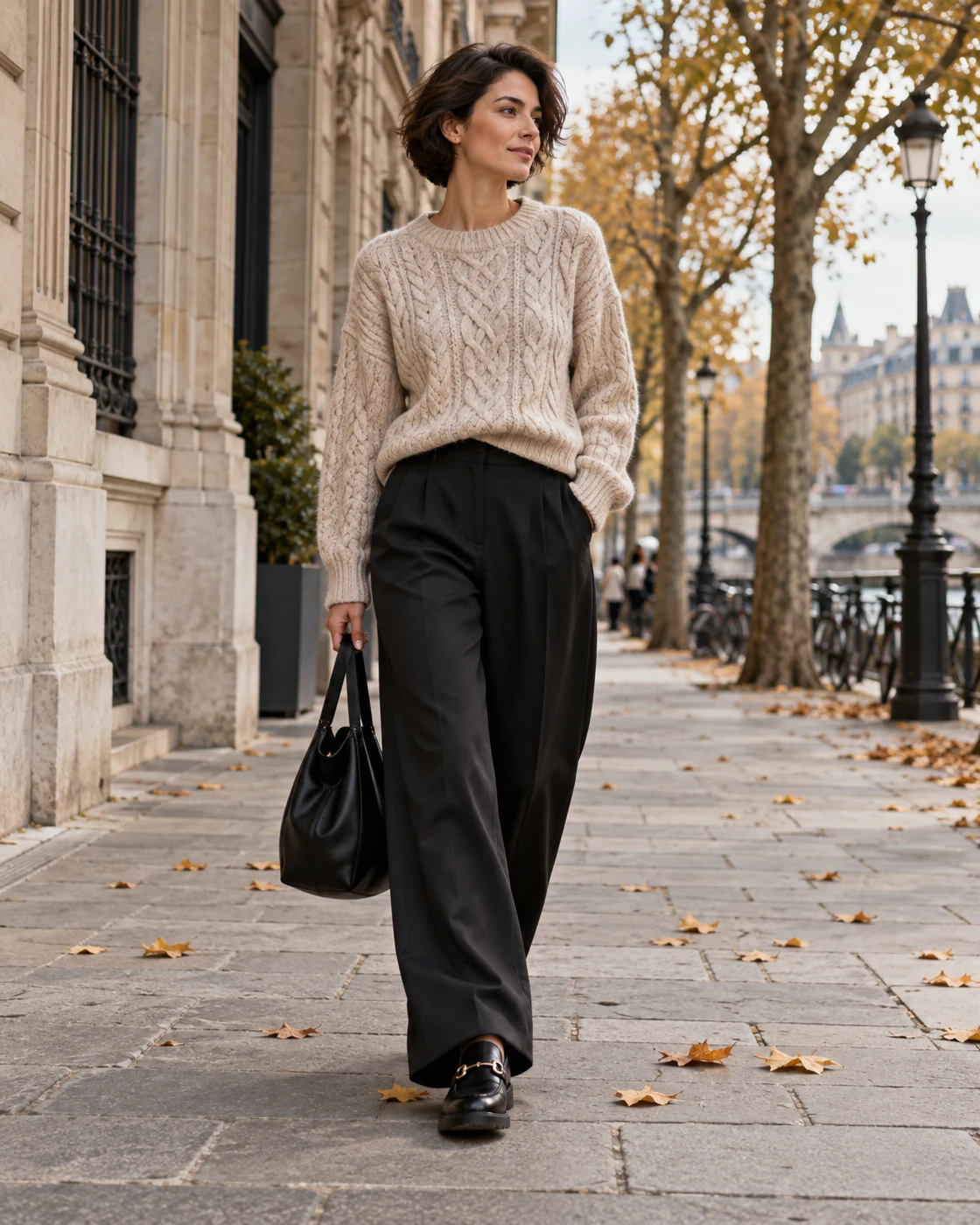 Oatmeal knit with flowing black trousers