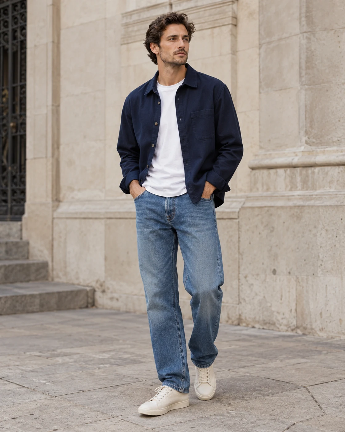 Navy overshirt, jeans and cream trainers